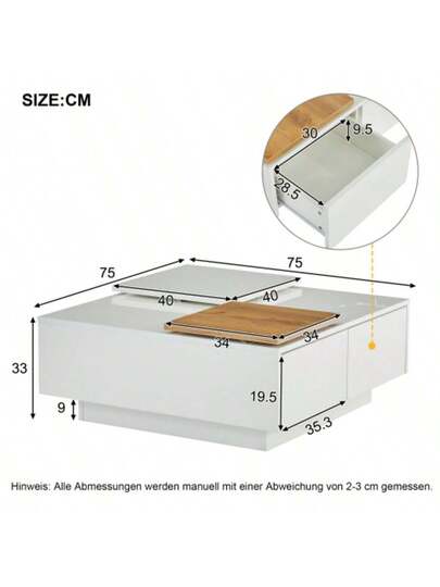 Moderne High Gloss Zwart Quadratischer Couchtisch Mit Einlegeböden 75*75*33,5cm, Small Verschiebbare Tischplatte In Contrasting White, Max. Load Capacity 30kg view 6