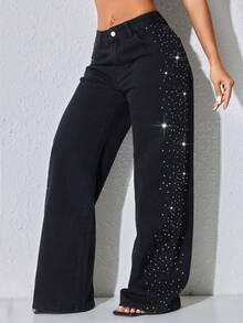 低腰阔腿休闲黑色斜口袋曲线女式牛仔裤，重珠饰 - 黑色 - 查看 3