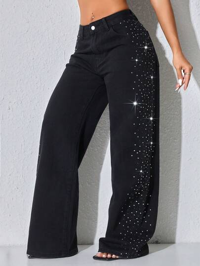 Low Waist Wide Leg Casual Black Slanted Pocket Curved Women's Jeans Heavy Beadwork