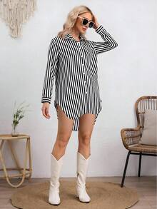 Vestido Elegante Camisa a Rayas Para Mujer,Vestidos Corta Con Corte Bajo Asimétrico,Vestido Manga Larga,Vestido Con Botones Delanteros - Negro - Ver 5