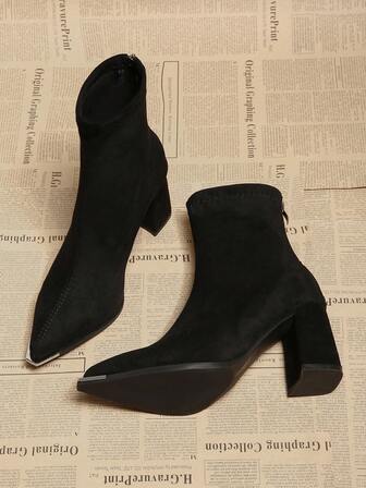 2-2.5英寸法式修身短靴，仿麂皮粗跟短靴，2025秋冬新款