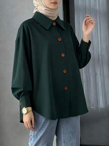 女式素雅长袖格子衬衫领前纽扣常规梭织面料上衣 - 綠色 - 查看 4