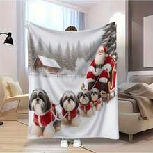 1pc Flannel Throw Blanket - Shih Tzu Dogs & Santa Sled Winter Scene - Soft Cozy All-Season Bedspread - Red & White Design - Washable Bed, Sofa, Office, Dorm, Car - Holiday Pet Lovers - Shih Tzu Dog Lover's Home Decor - Festive Pomeranian & Shih Tzu Print - Plush Flannel Fabric - Dust-Proof & Warm - Camping & Naps, Blankets - Multicolor - View 10