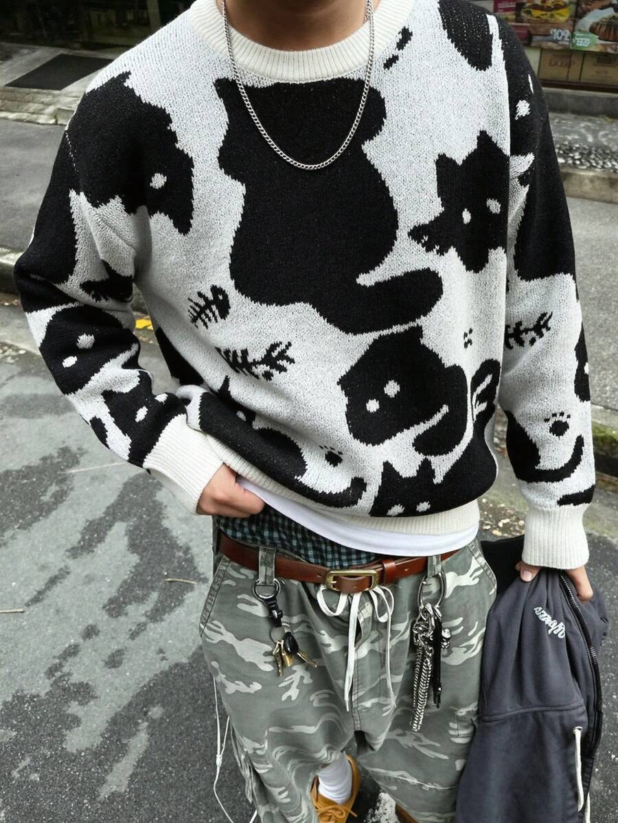 ANDREILEE Unisex Casual Loose Pullover Sweater With Cute Cat Intarsia Pattern, Relaxed Fit Round Neck Long Sleeve Knitted Tops For Spring, Autumn And Winter - Grey - View 1