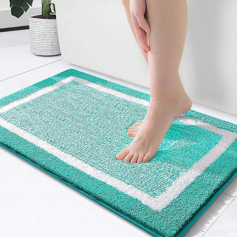 OLANLY Bathroom Rugs 24x16, Extra Soft And Absorbent Microfiber Bath Mat, Non-Slip, Machine Washable, Quick Dry Shaggy Bath Carpet, Suitable For Bathroom Floor, Tub, Shower (Small, Green){Inchcolor_nameinch:InchGreenandWhiteinch,Inchsize_nameinch:Inch24\Inchx16\Inchinch} - Hijau dan Putih - View 1