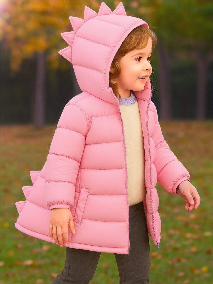 Young Girls Solid Color Hooded Long Sleeve Warm Pockets Zip-Up Dinosaur-Shaped Padded Warm Jacket For Winter - 西瓜粉 - 查看 1