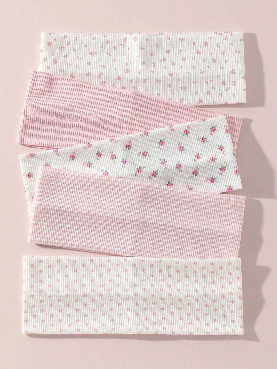 5pcs/Set Fashion Women Soft Non-Slip Headbands With Bow, Stripe, Heart, Floral Prints, Elastic Yoga Sports Hair Accessories, Versatile Daily Wear Winter Scarf Women Bandanas Soft Headwrap - Multicolor 6 - View 1