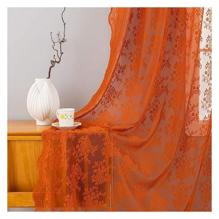 Burnt Orange 90 Curtains Length 2 Panel For Living Room Rustic Floral Retro Lace Semi Sheer Window Curtain Drapes For Bedroom Dining Room Office Boho Neutral Aesthetic Decor 52 Wx90 L Terracotta - 多色629 - 查看 1
