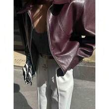 Manneqi Retro American Casual Chic Lapel Zipper Wine Red Leather Jacket Short Coat For Women - Burgundy - View 7