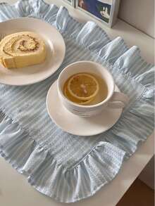 1件/2件/6件装韩式ins风蓝白条纹荷叶边餐巾，法式荷叶边餐垫，清新餐桌布 - 彩色 - 查看 3