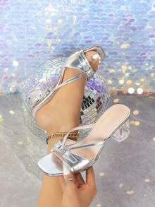 Modische und elegante Damen Sandaletten mit Silber-Strass-Dekor, hoher Absatz, bequemes Hohlabsatz-Design, geeignet für Hochzeit, Party, Outdoor-Aktivitäten und den täglichen Gebrauch, Frühling Sommer Outfits - Silber - Übersicht 1