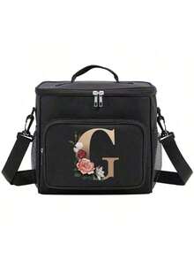 Insulated Lunch Box Bag Shoulder Canvas Bags Thermal Lunch Box Initial Name A To Z Gold Letter Flower Printing Large Capacity Tote Bag For Women's Portable Work Food Storage Handbags Cooler Box For Office School Picnic Camping Travel Lunch Bag Woman For Women Ladies School Supplies Stuff Accessories - màu đen - Xem 10