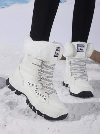 Women's Snow Boots, New Autumn/Winter High-Top Mid-Calf Lace-Up Comfortable Thick-Soled Non-Slip Durable Solid Black Casual Boots, Suitable For Young Women, Fashionable Outdoor Hiking Adventure, Thick Plush Lining, Waterproof Leather Upper, Comfortable And Warm
