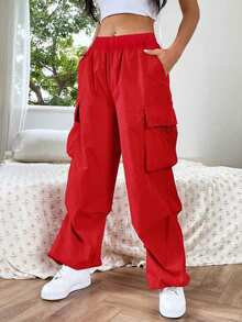 1pc Tween Girl Oversized Cargo Pants With Flap Pockets And Side Drawstring, Spring/Summer/Autumn - Red - View 2