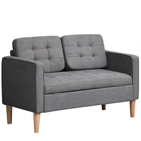 **Zweisitzer Sofa Mit Stauraum Unter Sitz • Knopfheftung Design • Massivholz Rahmen • Kompakt Für Kleine Räume • Homeoffice • Schlafzimmer • Grau • Stabiles Sitzmöbel Mit Staufach**