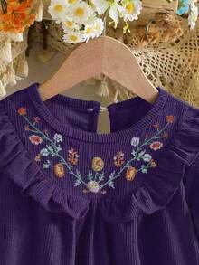 Vestido bordado para niñas, diseño de cuello con volantes y bordado delicado, vestido holgado de manga larga, adecuado para salidas diarias/ocio al aire libre/vacaciones/estilo princesa, primavera/otoño - Morado - Ver 4