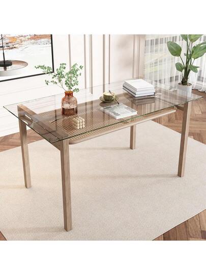 Dining Tafel Storage, 110*65*74, Tempered Glass Top, Rattan Moderne Table, Rectangular Leisure Coffee Beige