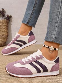 大码女式时尚运动鞋，紫色休闲系带平底鞋，舒适学生运动鞋 - 紫色 - 查看 3