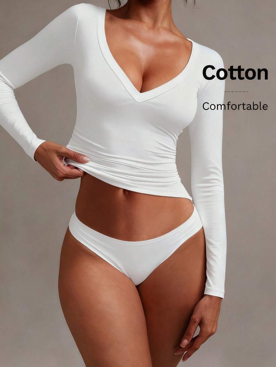 Áo thun XLLAIS nữ cổ chữ V gợi cảm co giãn màu xám mềm mại, dài tay thường ngày - trắng - Xem 1