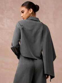 Glitzy Holiday Party Blouse, Bohemian Outdoor Layered, Wedding Season Formal Attire, Adult Ceremony Suit With Cape Sleeves, Modern Monochrome Women's Gray Shirt, Luxury Ball Gown For Halloween, Christmas, New Year Spring - Grey - View 4