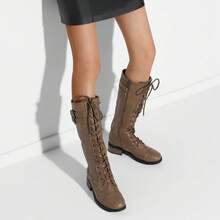 Women's Knee High Riding Combat Boots Side Zipper Motorcycle Boots Outdoor Casual For Fall And Winter - Màu Khaki - Xem 7