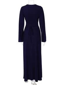 Đầm dài tay loe cổ tròn đơn giản thanh lịch hàng ngày thu đông cho nữ - Màu xanh hải quân - Xem 4