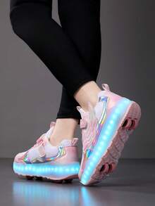 Kids' Fashionable Sturdy 4-Wheel 12-Mode Rechargeable Detachable Roller Skate Shoes, Suitable For Boys And Girls - Pink - View 9