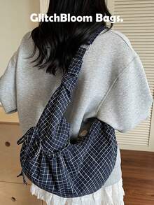 Fashionable Niche Design High-Quality Plaid Drawstring Dumpling Bag, Versatile Daily Commute Shoulder Crossbody Bag - Blue - View 4