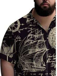 Men Plus Size Tropical Button-Up Shirt With Chest Pocket Design, Lightweight Non-Stretch Fabric Suitable For Beach Vacation Casual Wear , Hawaiian Party , Easy Care Summer, Hawaiian Themed Party Beach Attire, Tropical Print Breathable Fabric Vacation Short Sleeve Durable Construction Vacation Wardrobe, Vacation Style, Breathable Material, Vacation Wardrobe Essential, Vacation Wear Enthusiast, Tropical Vacation - Black - View 2