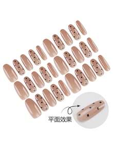 30 Pieces Press On Nails French Almond /Mid Style Coffee Colored Polka Dot Pattern Nail Art Sheet/Perfectly Fitting Acrylic Fake Nail Set, Including 1 Jelly Glue And 1 Nail File, Suitable For Women's Daily Work, Study, And Gatherings In Autumn And Winter Nail Products Suitable For Gatherings, Festivals , And Daily Use Nail Supplies - Multicolor - View 3