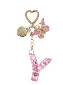 1pc Shiny Pink Rhinestone 26 Alphabet Letter Keychain, With Heart Tag Butterfly Metal Heart Charm Pendant, Creative Fashion Women Backpack Decor, Party Gathering Stylish Gift, Anniversary, Valentine's Day, Christmas Gift For Friends, Family, Teachers Bag Charms Car Accessories Sister Gift Ideas