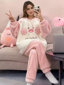 Cartoon Embroidered Fleece Loungewear Set For Women - Ultra-Soft Plush Pajamas, Long Sleeve & Pants, Cozy Winter Sleepwear - 粉紅色+白色 - 查看 4