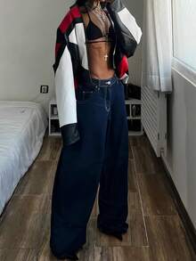 Jeans à jambe large style rétro américain pour femmes, bleu marine avec surpiqûres contrastées, pantalon casual ample style hip-hop et streetwear