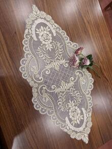 1pc Champagne Embroidered Mesh Table Runner, Elegant Romantic Mesh Embroidery Suitable For Bedside Cabinet, Sideboard, Vanity, Dining Table, Coffee Table, Everyday Home Decor And Wedding Party Holiday - Beige - View 2