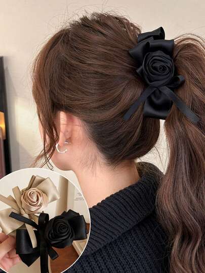 1pc Vintage Velvet Rose Flower Bow Hair Claw Clip, Elegant & Charming, Suitable For Dates And Everyday Wear, Autumn/Winter, Hair Claws, Hair Slide, Hair Barrettes, Head Accessories, Hair Accessories For Women