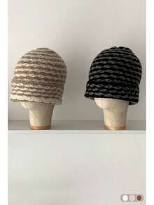 Mixed Color Knitted Bucket Hat For Women, Autumn/Winter, New Style, Large Head Circumference, Versatile, Simple, Natural Look, Fashionable, Compact, Warm Knitted Cap