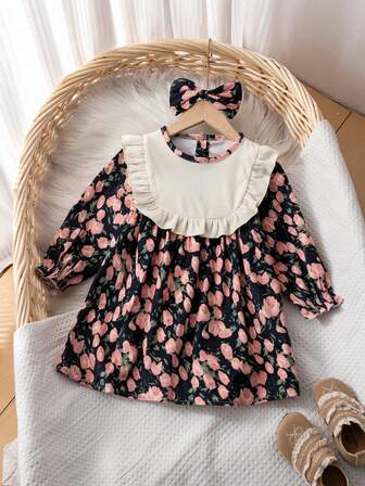 2pcs/Set Baby Girls' Spring/Autumn Long Sleeve Princess Cute Stylish Dress & Headband, Casual Elegant Newborn Infant Clothing