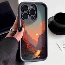 Cubierta de teléfono con borde negro diseño de puesta de sol en cañón con río y montañas para uso diario y viajes - Café integral - Ver 1