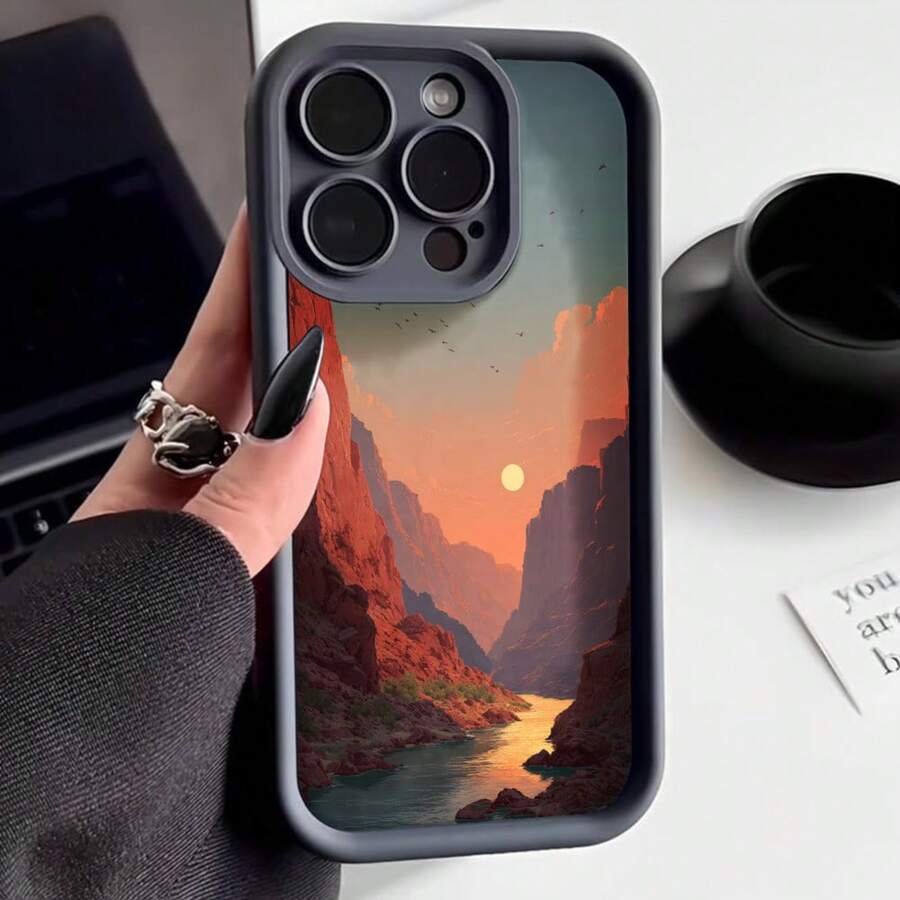 Cubierta de teléfono con borde negro diseño de puesta de sol en cañón con río y montañas para uso diario y viajes - Café integral - Ver 1