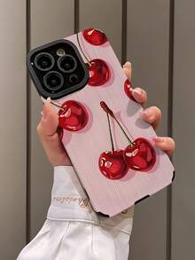 1pc Fashion Personalized Cherry Pattern Vertical Striped High-End Faux Leather Anti-Fall Anti-Fingerprint Shock-Proof Phone Case, Suitable As Birthday, Holiday Gift For Friends, Family, Couples, Compatible With Apple And Models - Multicolor - View 3