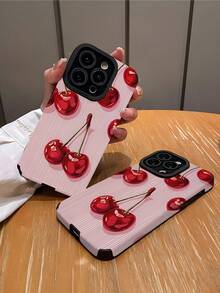1pc Fashion Personalized Cherry Pattern Vertical Striped High-End Faux Leather Anti-Fall Anti-Fingerprint Shock-Proof Phone Case, Suitable As Birthday, Holiday Gift For Friends, Family, Couples, Compatible With Apple And Models - Multicolor - View 2
