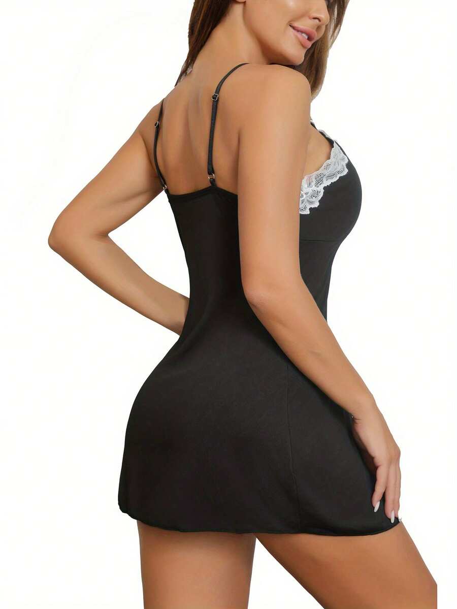 Sexy Lingerie With Lace Patchwork And Slit Design, European And American Classic Sleepwear And Loungewear - Black - View 1