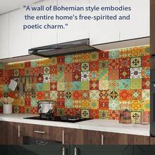 Pegatinas de azulejos con estilo floral vintage marroquí bohemio, calcomanías de azulejos de mosaico, pegatinas de pared retro