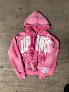 Men's Y2K Pink Gradient Zip Up Hoodie Spider Web Letter Patch Streetwear Oversized Sweatshirt.Vintage Washed Pink Zip Up Hoodie Y2K Streetwear Up4hrs Inspired Oversized Sweatshirt - 粉色 - 查看 2