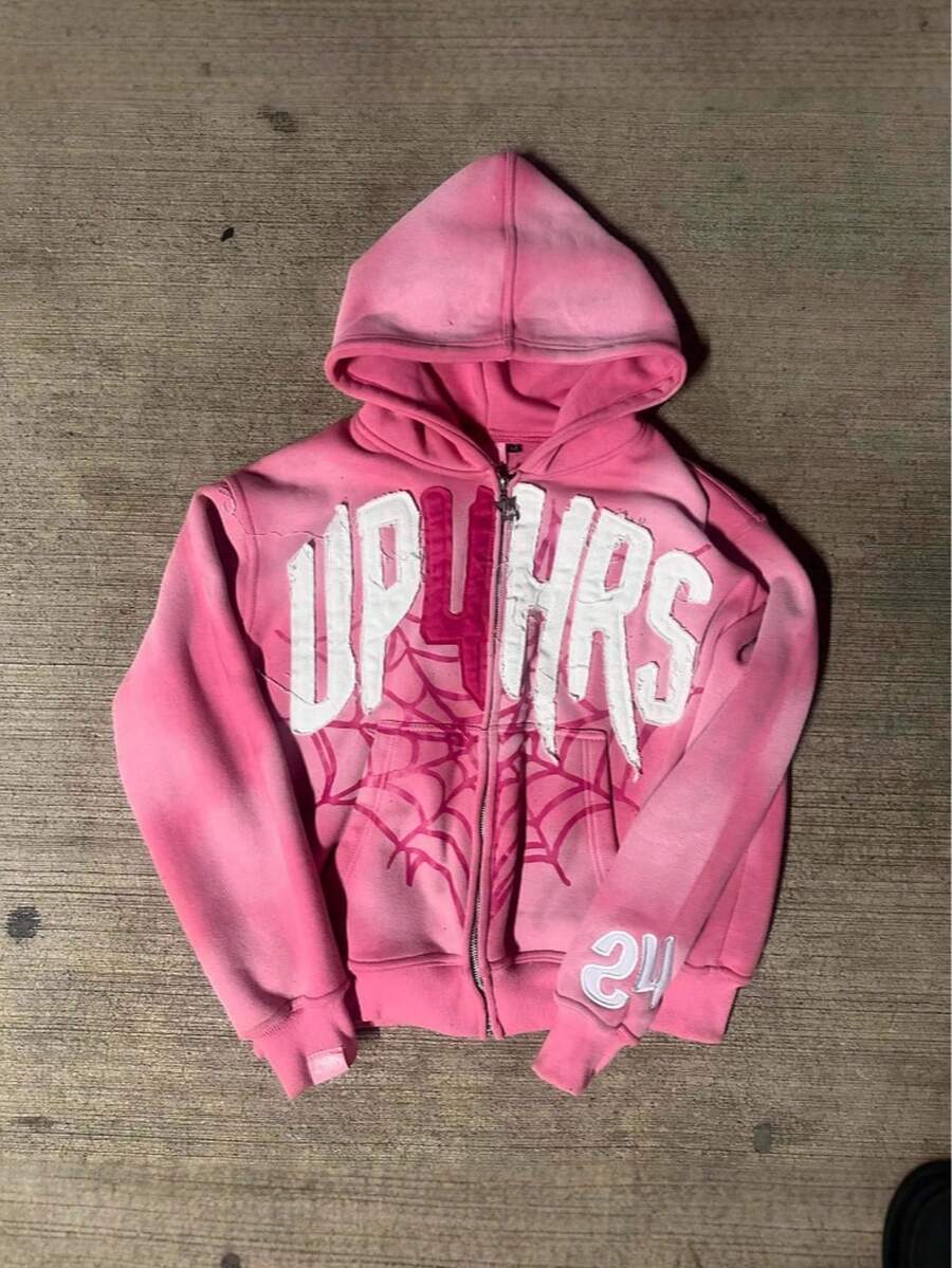 Men's Y2K Pink Gradient Zip Up Hoodie Spider Web Letter Patch Streetwear Oversized Sweatshirt - 粉色 - 查看 1