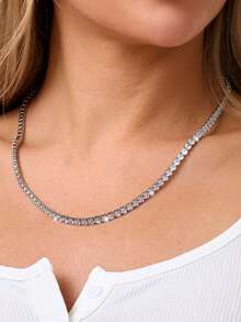 Nooxian 1件装银饰嘻哈风格白色网球锆石项链，女士款 - 銀色 - 查看 3