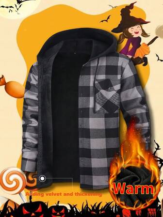 1pc Plaid Lined Hooded Button-Up Long Sleeve Casual Business Shirt, Warm For Men In Autumn/Winter