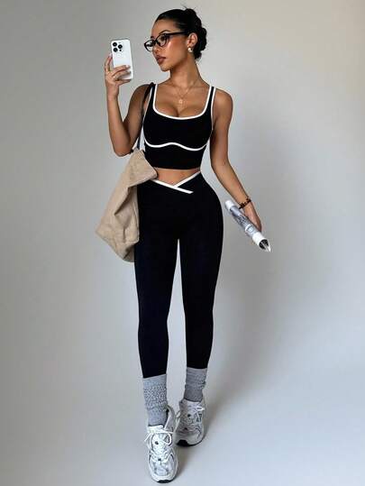 2 Pieces Women's Workout Set In Classic Black - Tummy Control & Booty Lifting, Seamless Sexy Design, Versatile For Outdoor, Running, Gym & Pilates