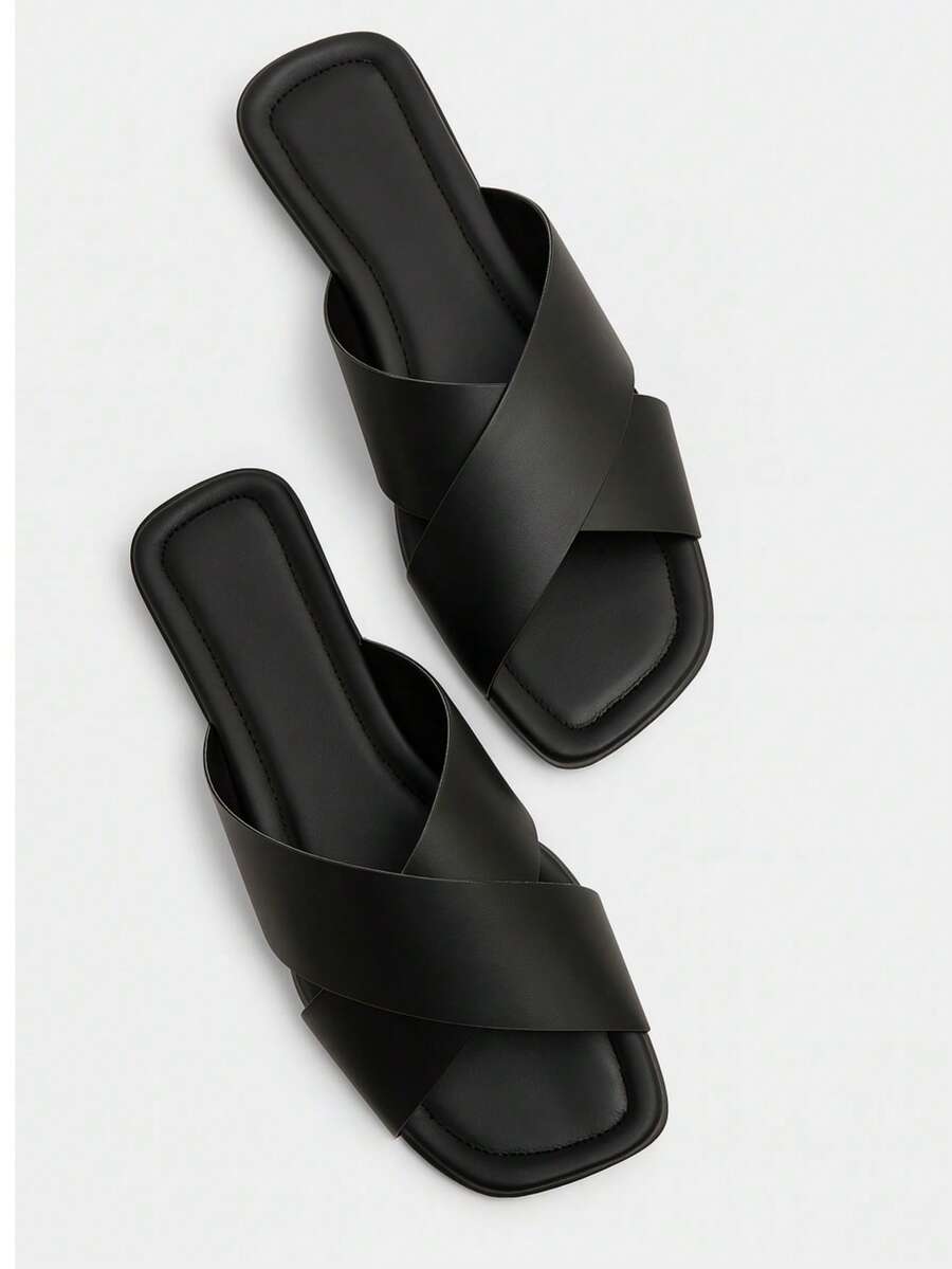 Women's Flat Sandal With Crossed Detail And Modern Style - 黑色 - 查看 1