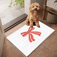 1pc Minimalist Style Red & Pink Striped Bow Pattern Printed Faux Wool TPR Bottom Doormat, Bathroom Mat, Kitchen Mat, Laundry Room Mat, Holiday Decor, Home Decor, Party Decor, Wedding Decor, Dining Decor